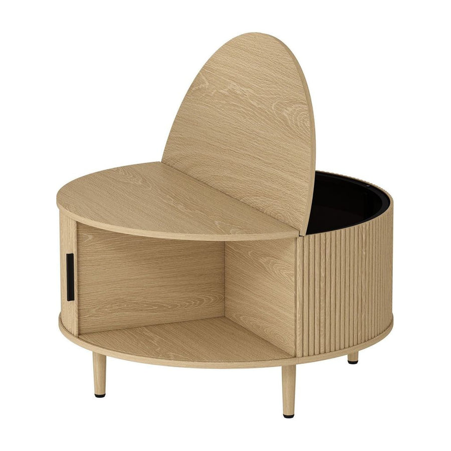 HOMCOM Coffee Table with Lift Top and Hidden Storage, Round Centre Table with Fluted Sliding Door, 80 cm, Natural Wood