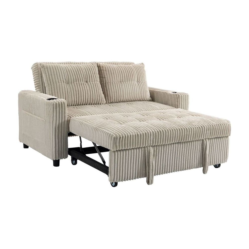 HOMCOM Corduroy Click Clack Sleeper Sofa with the pull-out section extended on a white background