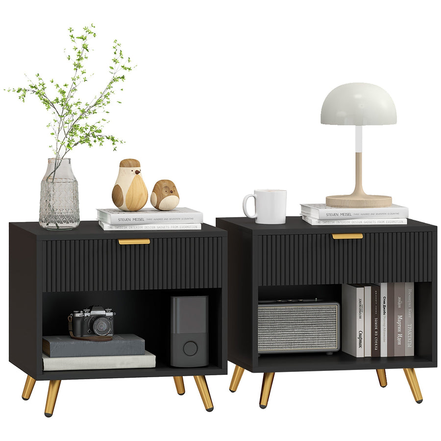 HOMCOM Elegant Bedside Table Set of 2, with Drawer and Shelf - Black/Gold Tone
