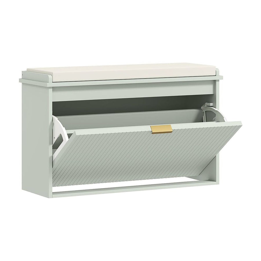 HOMCOM Elegant Eight Shoe Bench, a green shoe storage unit with a padded top seat and a flip-down door