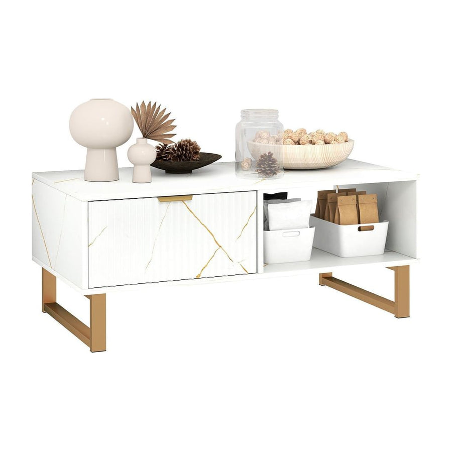 HOMCOM Elegant Marble Effect Storage Coffee Table - White