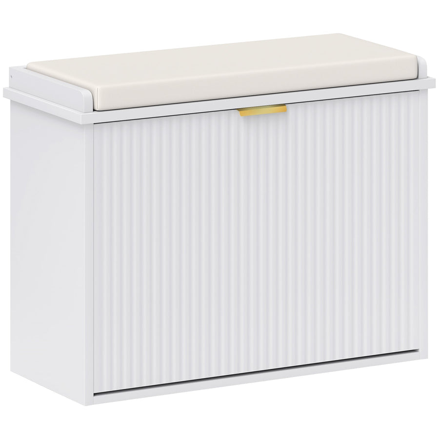 HOMCOM Elegant Six Shoe Bench, a white shoe storage unit with a padded seat on top and fluted doors
