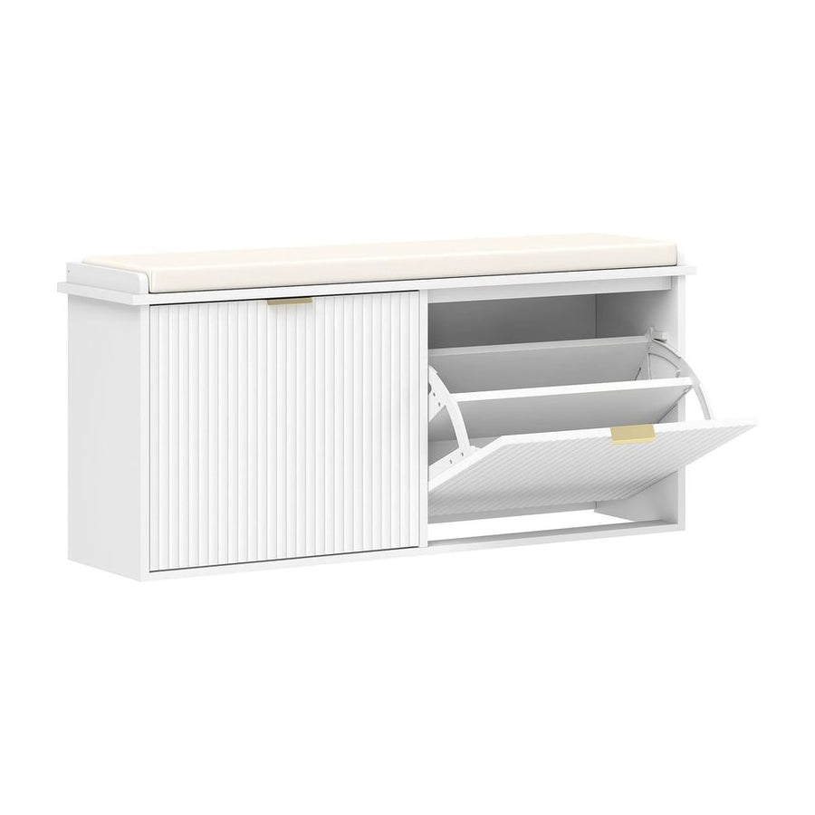 HOMCOM Elegant Ten Shoe Bench with a padded top seat and fluted doors, one door open showing shoe storage