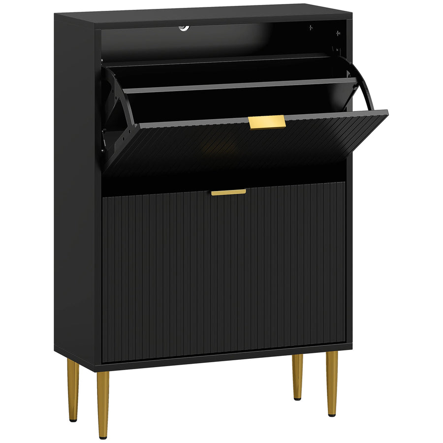 HOMCOM Elegant Two-Drawer Shoe Cabinet in black with gold handles and legs