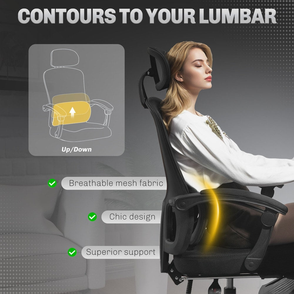Diagram showing how the black mesh office chair contours to the lumbar region, with text about breathable mesh fabric