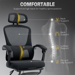 Close-up of the black mesh office chair highlighting neck, back, lumbar and hip support features
