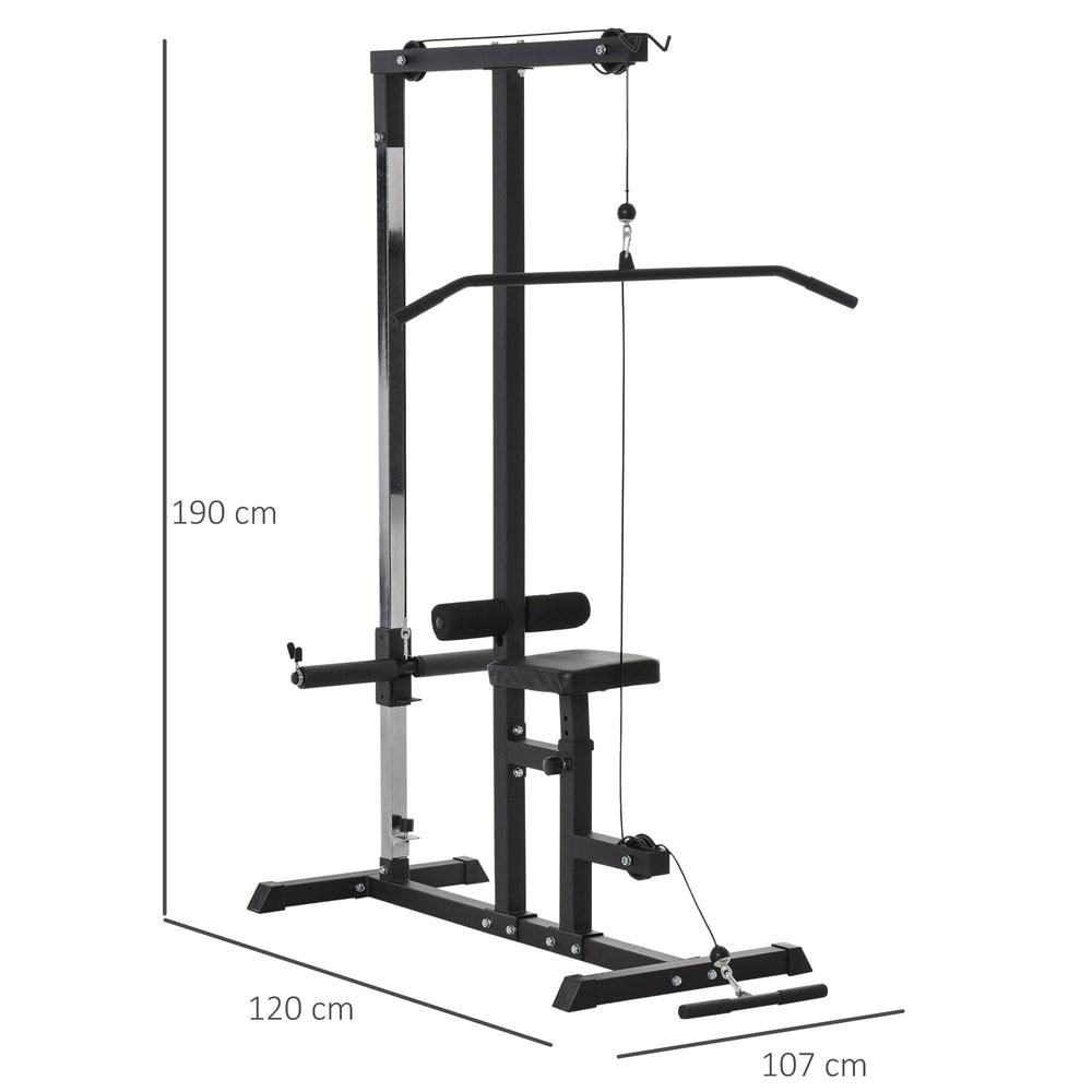 Exercise pulley machine with dimensions shown for height, width and depth