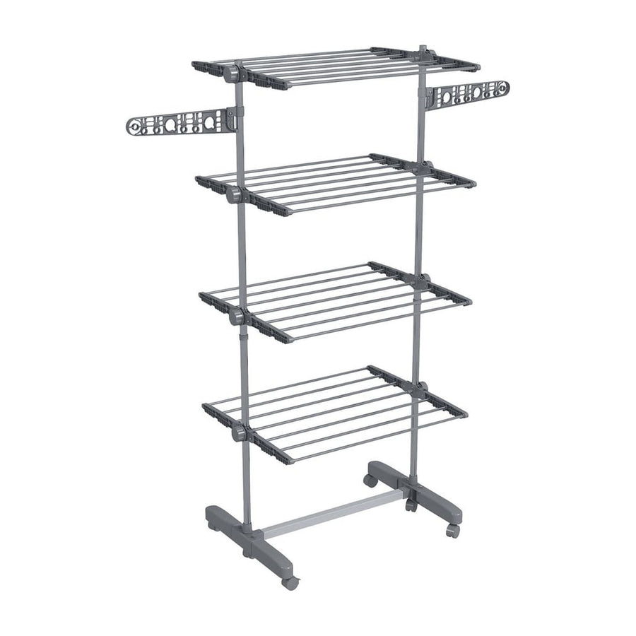 HOMCOM Four-Shelf Collapsing Clothes Horse in grey with side arms and wheels