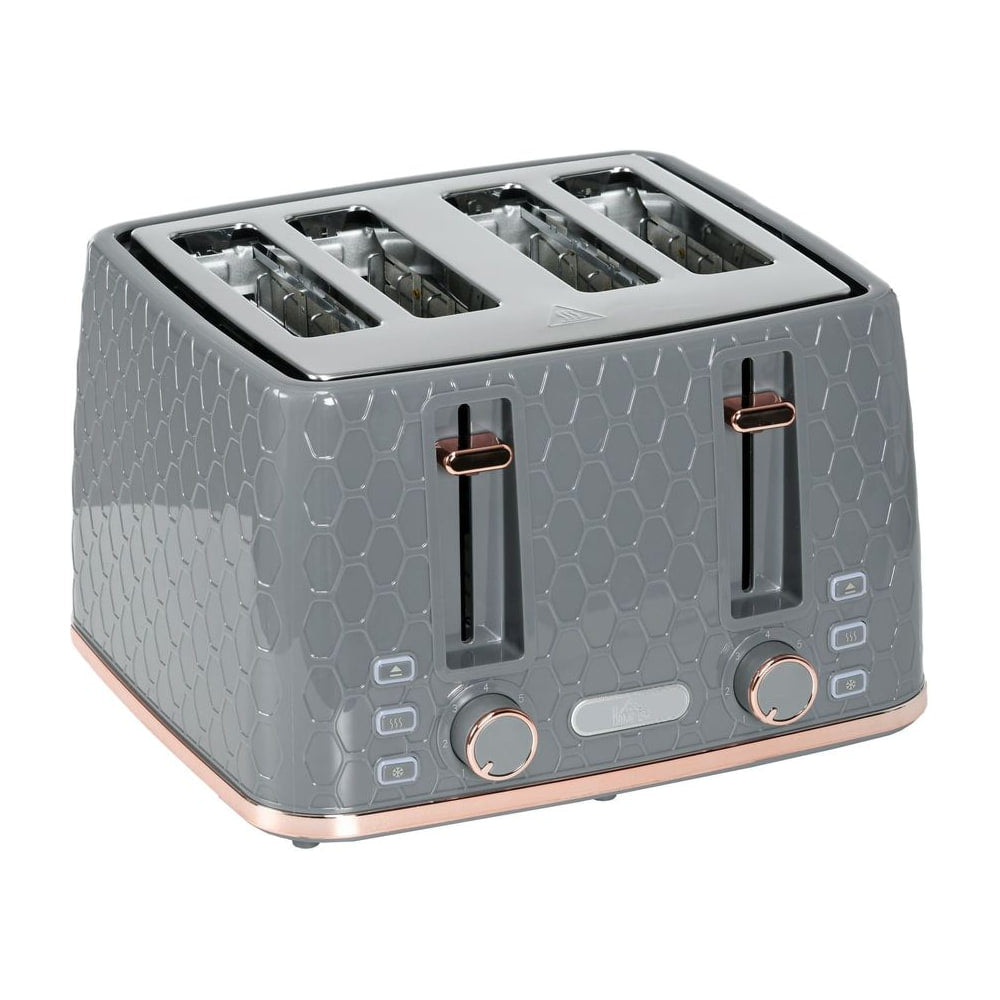 HOMCOM Four-Slice Honeycomb Toaster in grey with a honeycomb pattern and rose gold accents