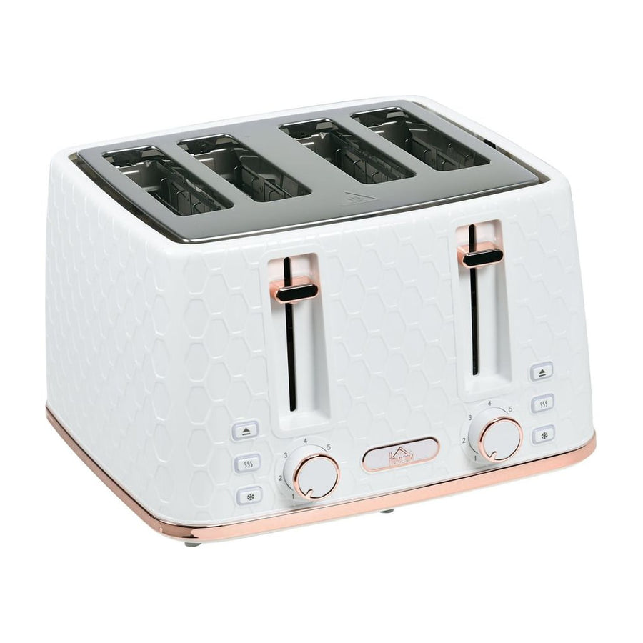 HOMCOM Four-Slice Honeycomb Toaster in white with rose gold accents, front perspective