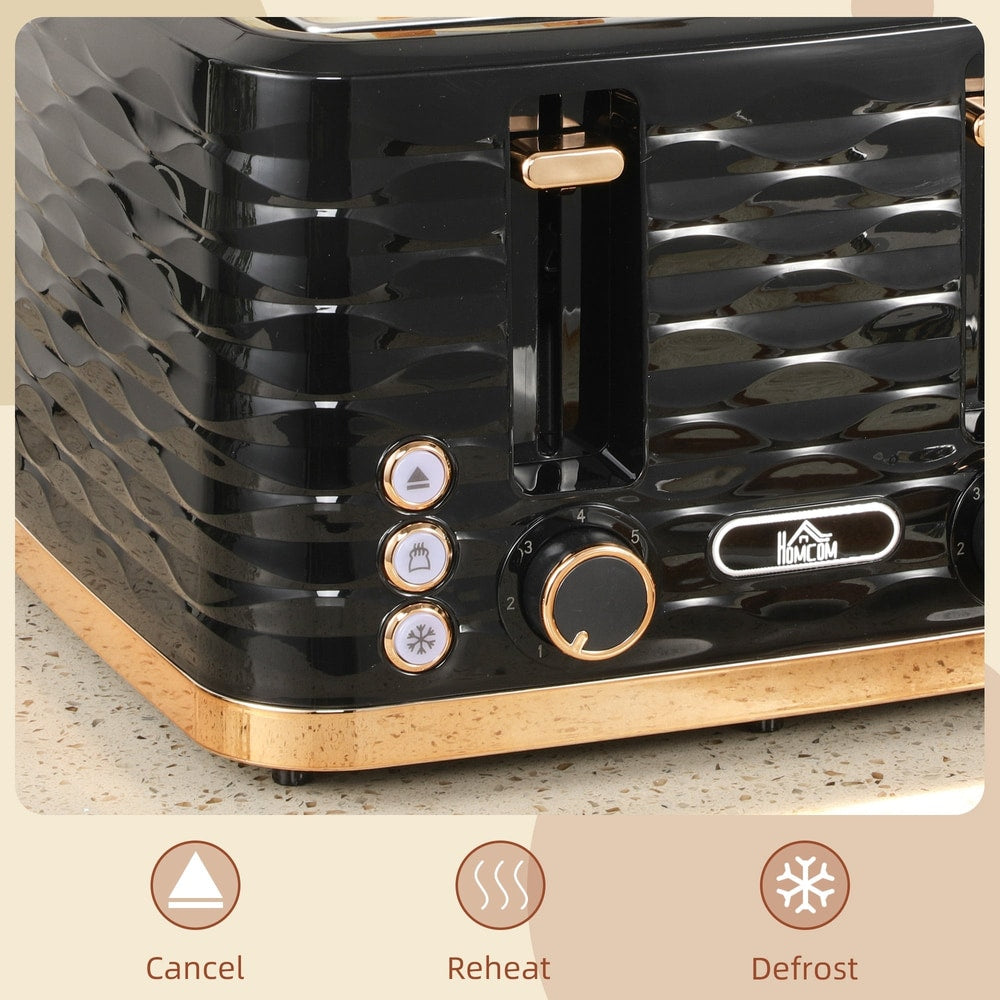 Close up of the controls on the black four-slice rippled toaster