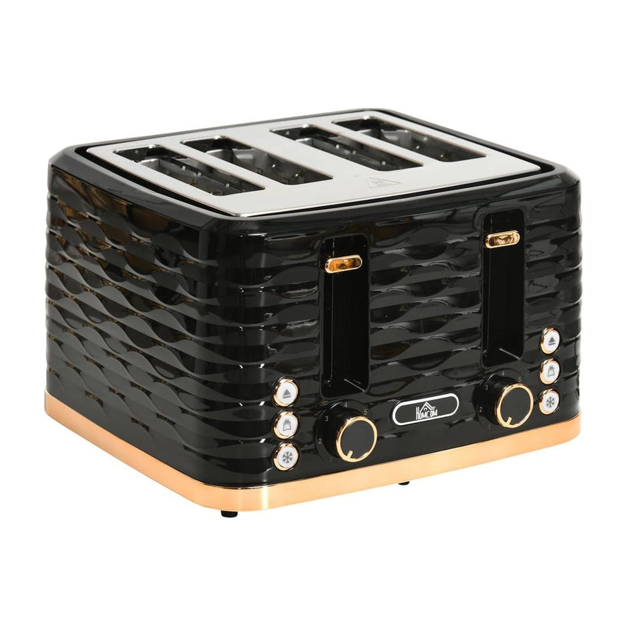 HOMCOM Four-Slice Rippled Toaster in black with gold trim, front view