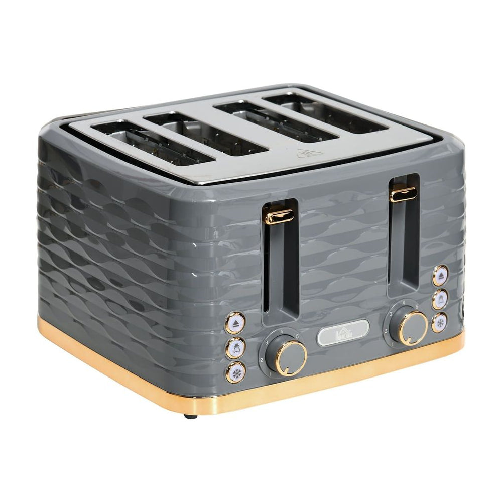 HOMCOM Four-Slice Rippled Toaster in grey with gold base and control knobs on a white background