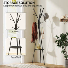 The coat stand showing close-ups of the hooks and the storage shelf for hallway organisation