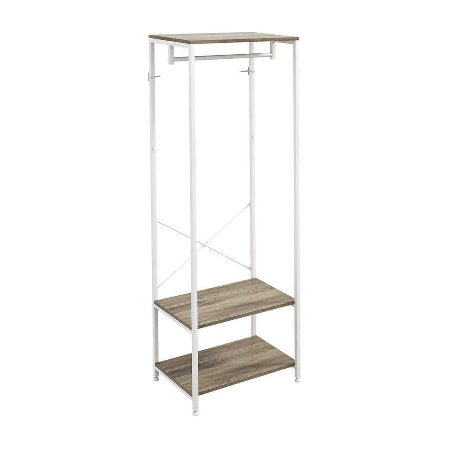 HOMCOM Hallway Coat Rack and Shoe Bench Tree with a white metal frame and two wooden shelves