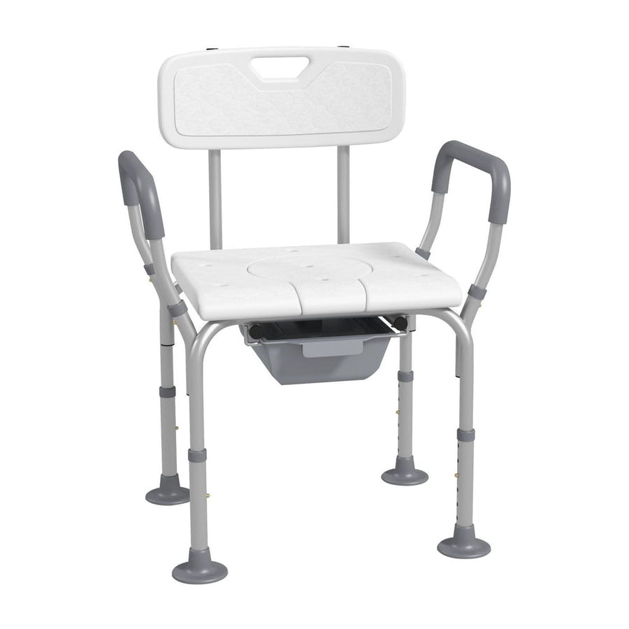 HOMCOM Height Adjustable Shower Stool with Arms and Back, a white shower stool with a detachable bucket and padded armrests