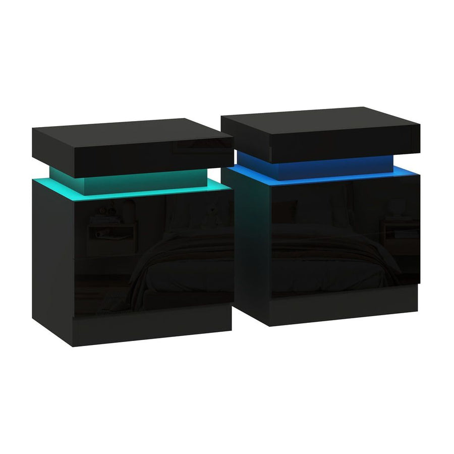 HOMCOM High Gloss Front Bedside Tables Set of 2, Nightstands with RGB LED Light and 2 Drawers, Chest of Drawers for Bedroom