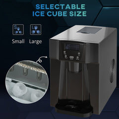 The small kitchen appliance showing the internal ice making mechanism and cube size options