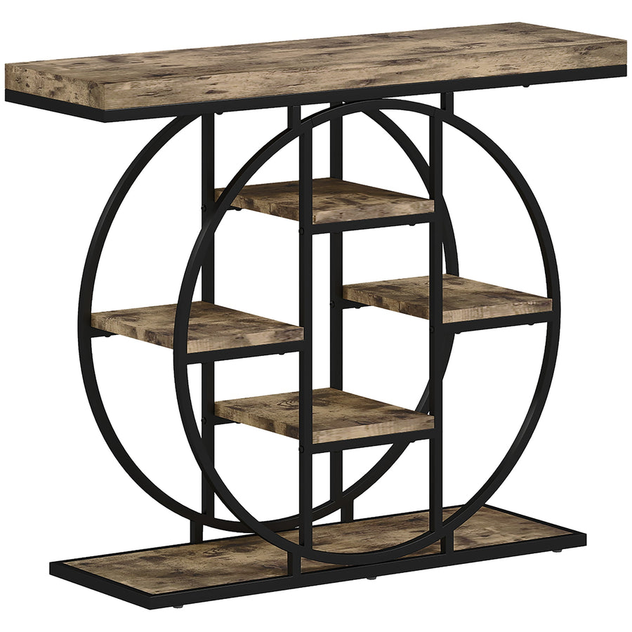 HOMCOM Industrial Console Table with Storage Shelves showing its circular frame and rustic brown shelves