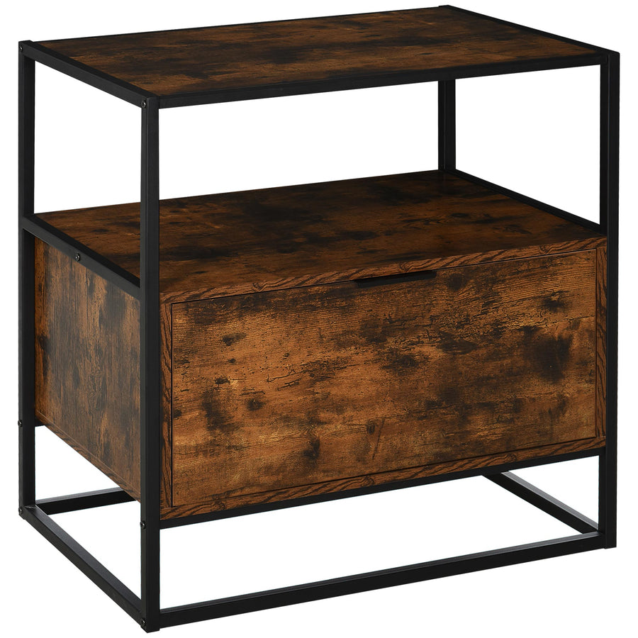HOMCOM Industrial-Style Side Table w/ Drawer Open Shelf Steel Frame Large Base Two-Tone Retro Stylish Home Furniture Bedroom