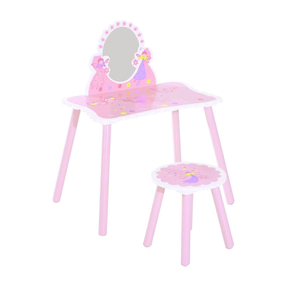 HOMCOM Kids Dressing Table Girls Pink Wooden Kids Dressing Table & Stool Make Up Desk Chair Toys Fairy Dresser Play Set