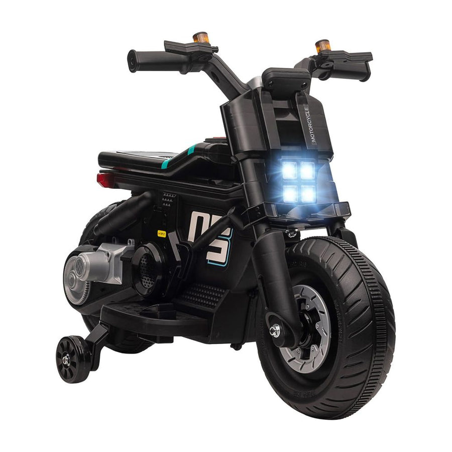 HOMCOM Kids Electric Motorbike with Siren, a black ride-on toy motorbike with training wheels and lights