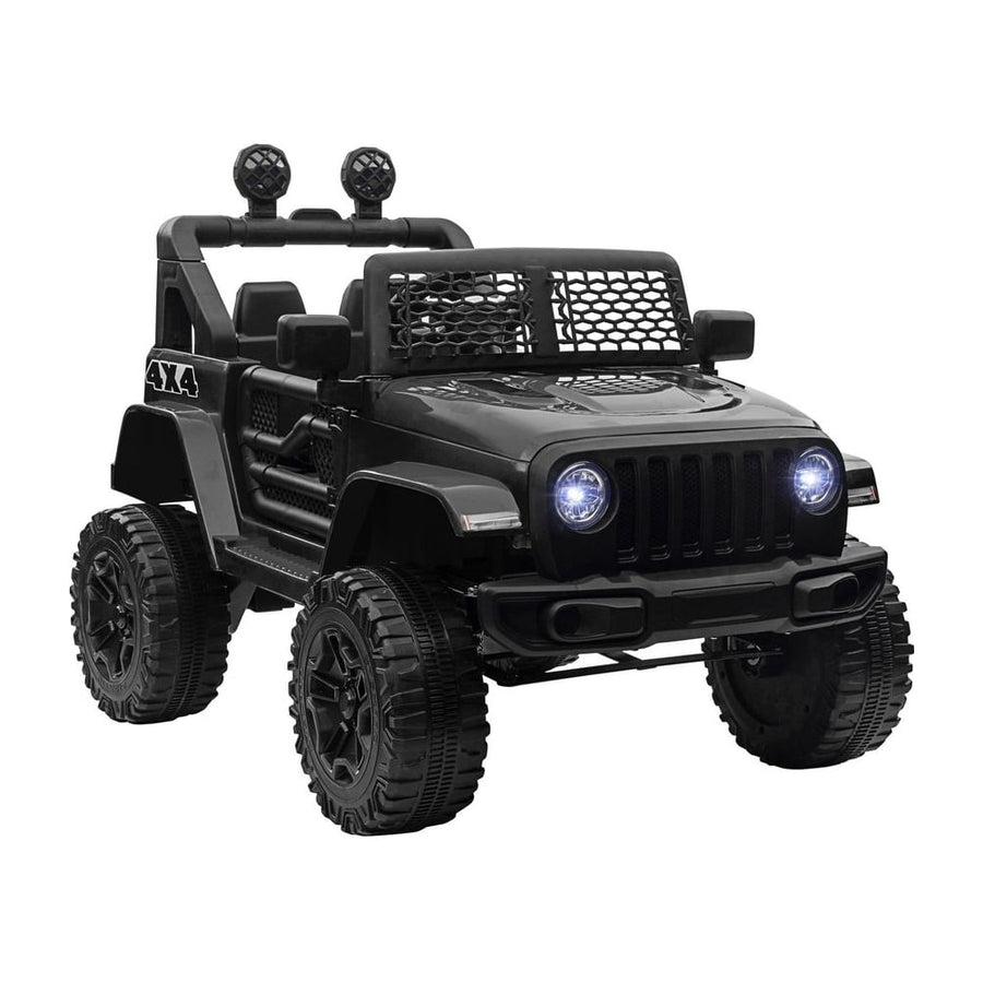 HOMCOM Kids Electric Ride On Car in black, a front three-quarter view with lights on