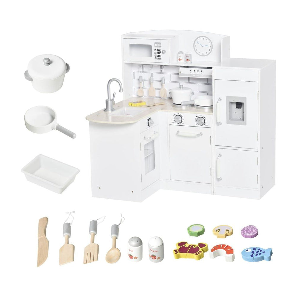 HOMCOM Kids Play Kitchen Wooden Toy Kitchen Cooking Set for Children with Drinking Fountain, Microwave, and Fridge White