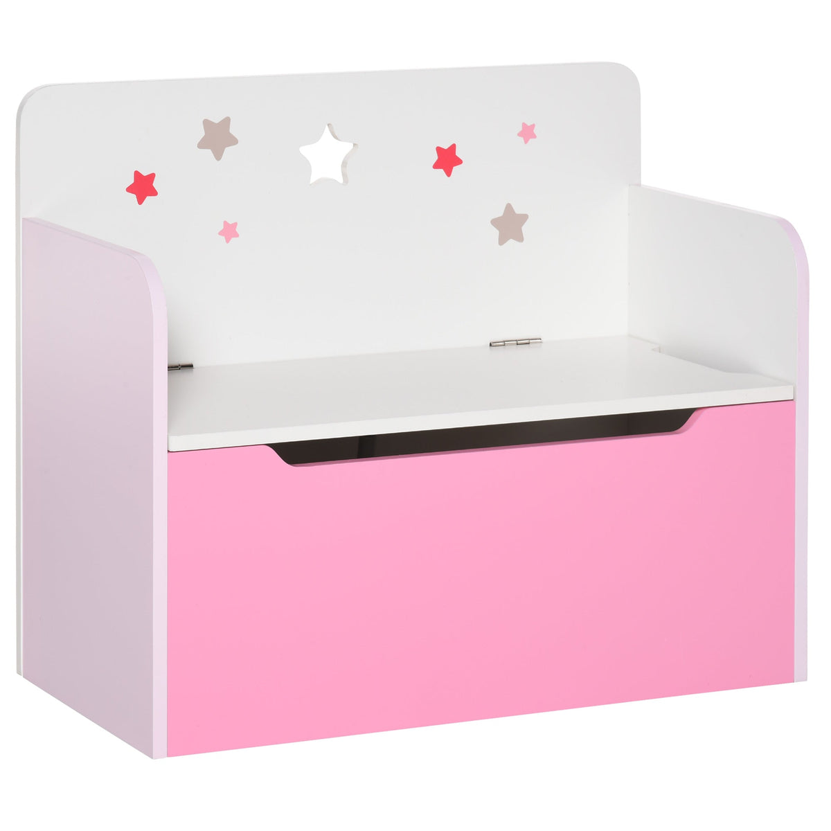 HOMCOM Kids Wooden Toy Box in pink and white with star cutouts on the backrest