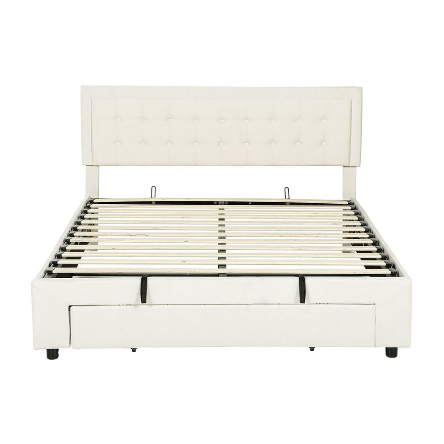 HOMCOM King Size Ottoman Bed Frame, with Front Drawer - Cream