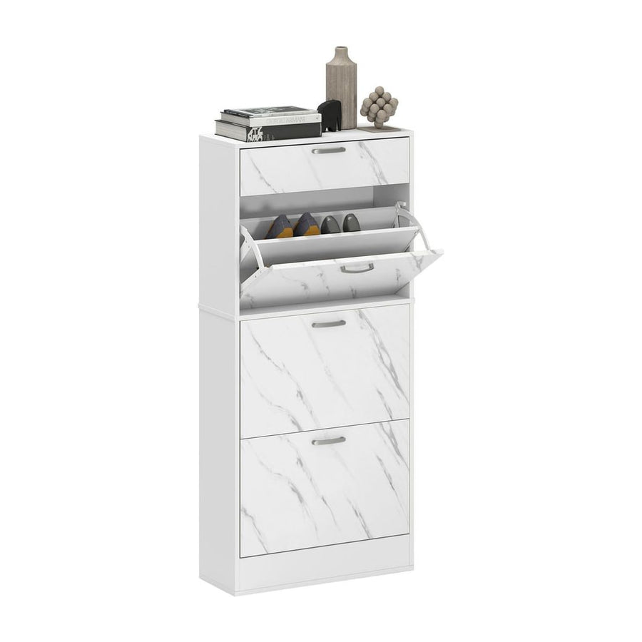 HOMCOM Marble Shoe Storage Cabinet with 3 Flip Drawers, white with marble effect fronts