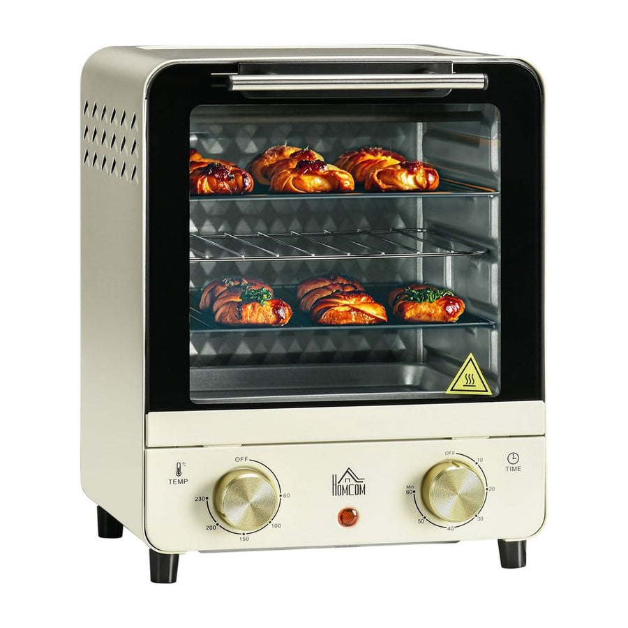 HOMCOM Mini Oven in cream white with pastries inside and two control dials on the front panel
