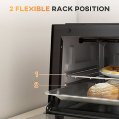The toaster oven interior showing the two different levels for the baking tray and rack