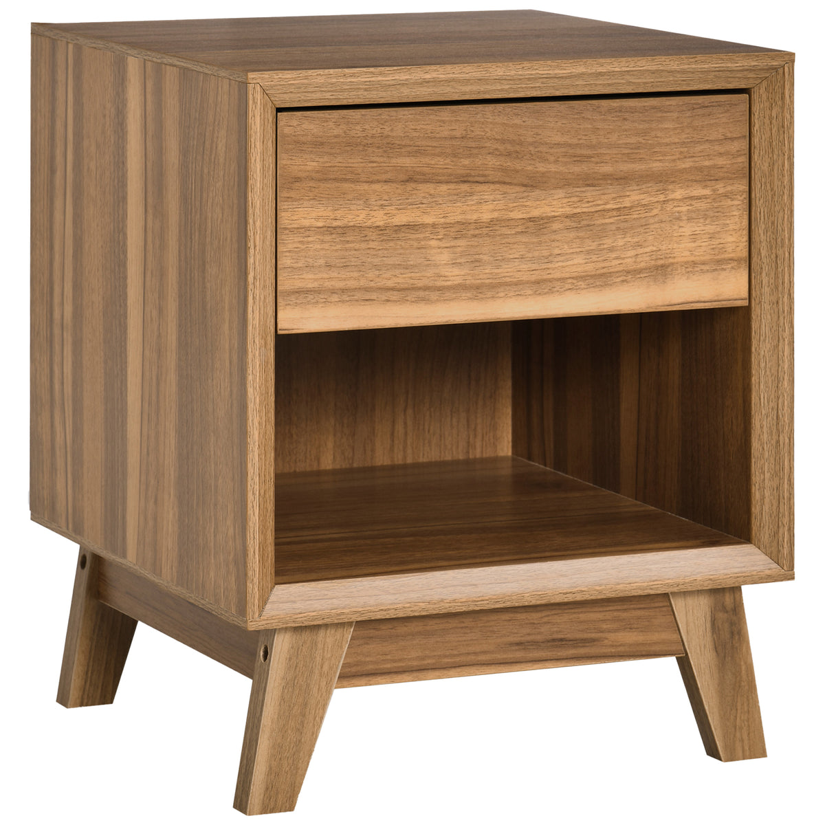HOMCOM Modern Bedside Table Nightstand with a drawer and open shelf in walnut brown