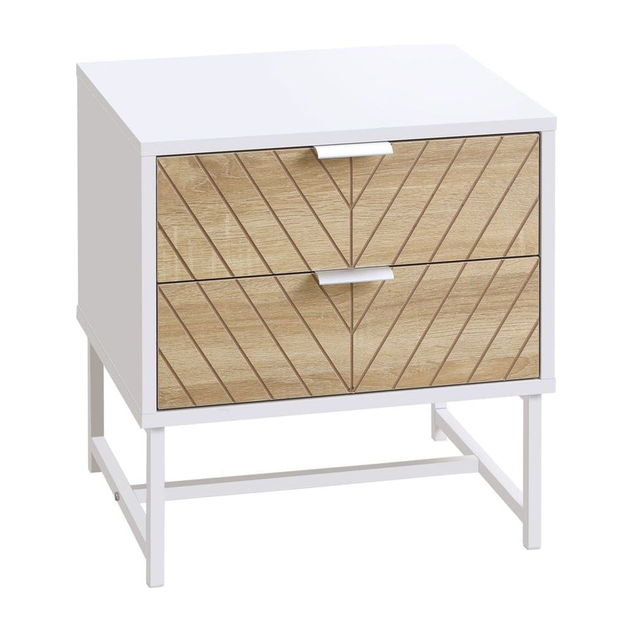 HOMCOM Modern Bedside Table with 2 Drawers and Metal Frame, Sofa Side Table for Bedroom Living Room, White and Oak