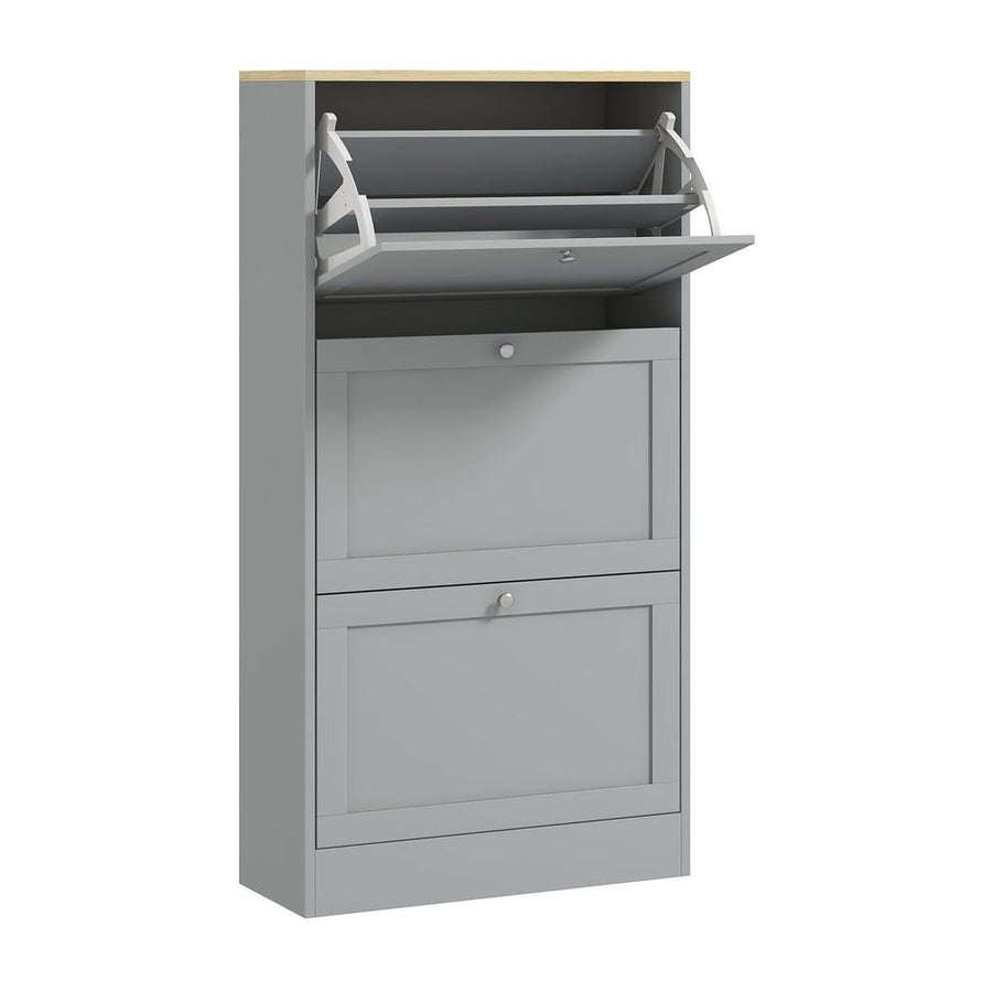 HOMCOM Modern Compact Three-Drawer Shoe Storage Cabinet in grey with a light wood top