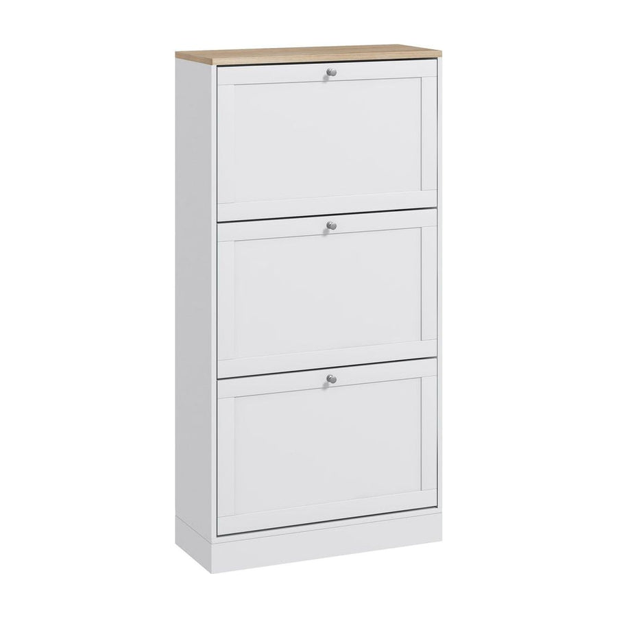 HOMCOM Modern Compact Three-Drawer Shoe Storage Cabinet in white with a wood effect top
