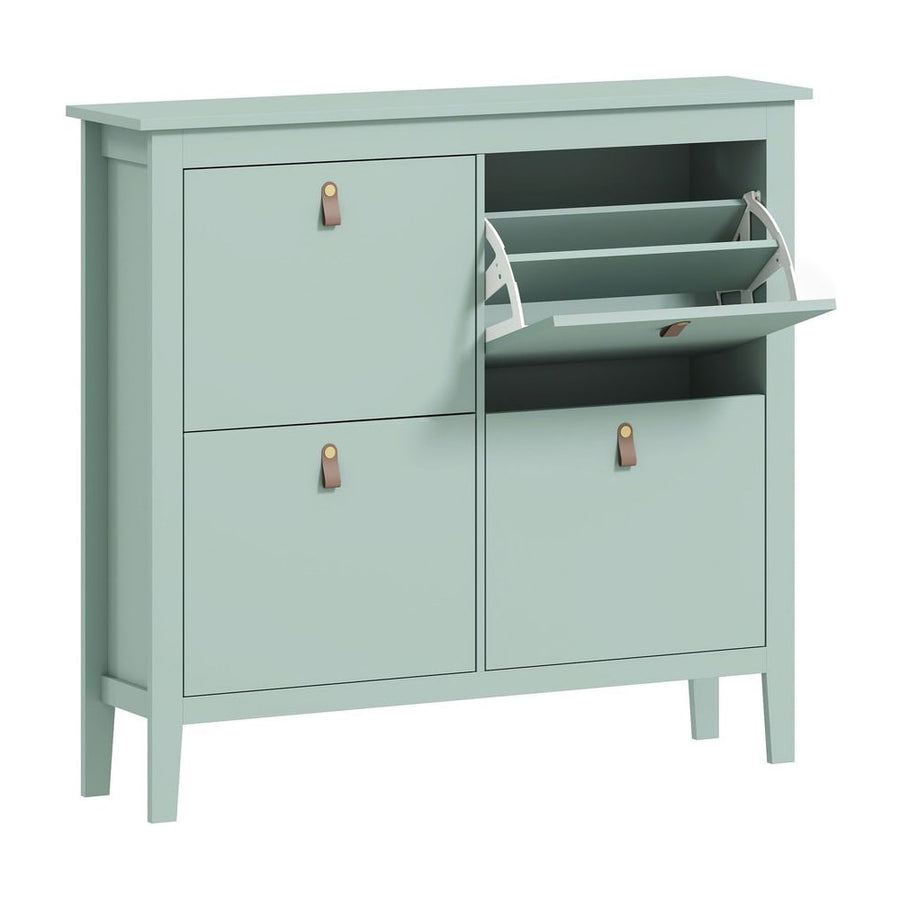 HOMCOM Modern Four-Drawer Shoe Cabinet in green with one top drawer open showing internal shelves