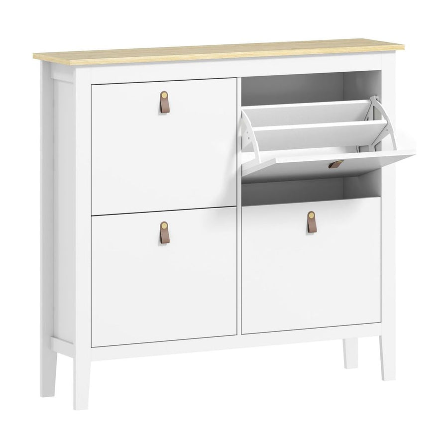 HOMCOM Modern Four-Drawer Shoe Cabinet in white with a light wood top and four drawers