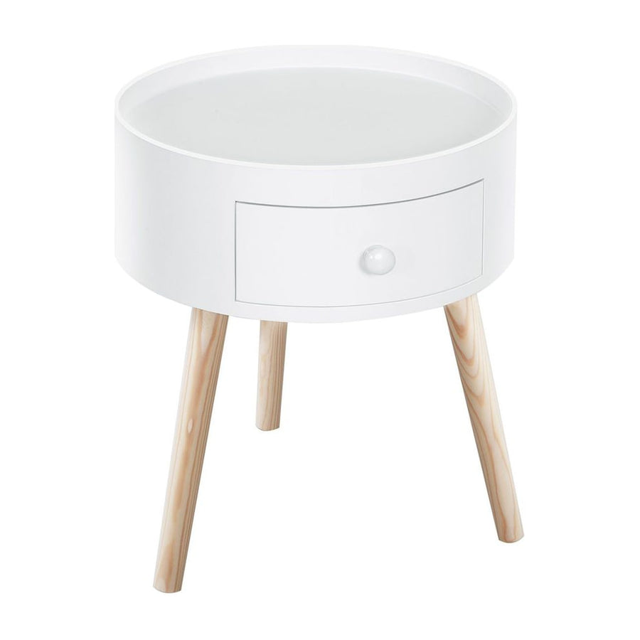 HOMCOM Modern Side Table, Small Coffee Table, Round Bedside Table with Drawer and Wood Legs for Living Room, Bedroom, White