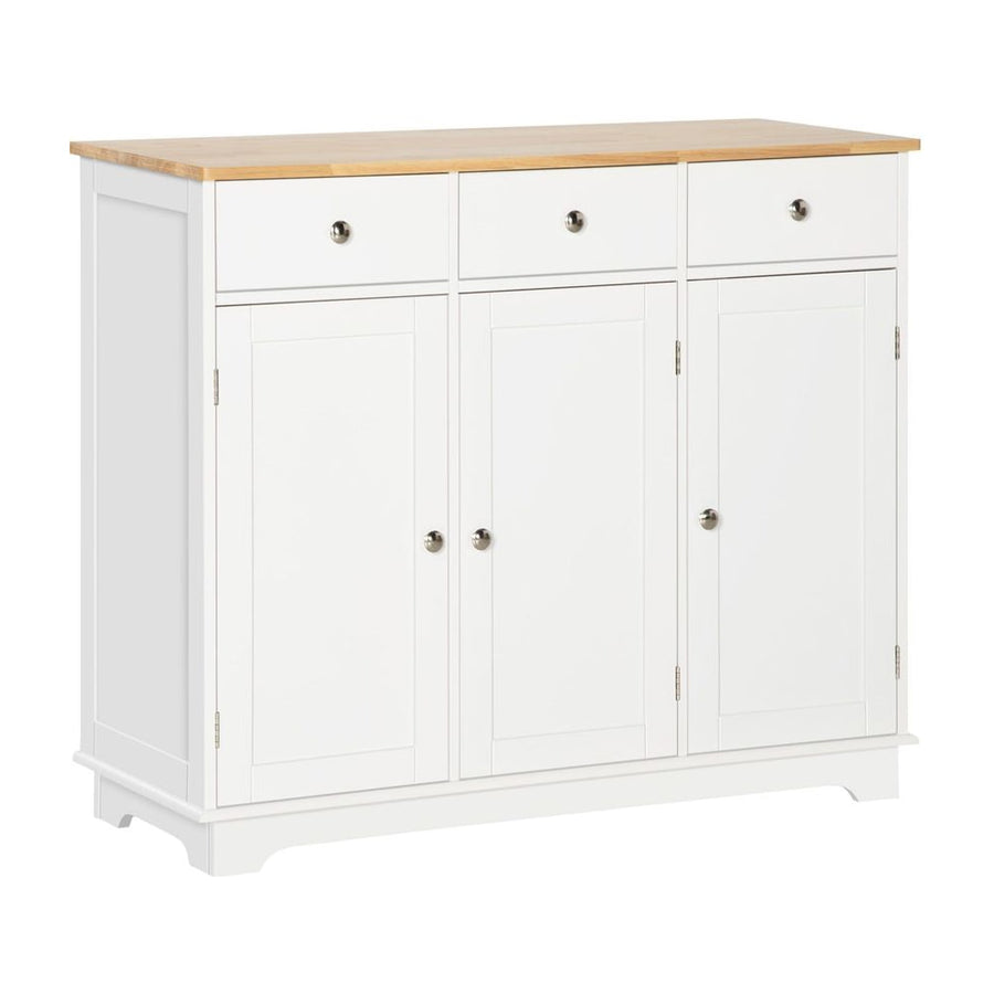 HOMCOM Sideboard with Rubber Wood Top, Modern Storage Cabinet, Kitchen Cupboard with 3 Doors, 3 Drawers and 3 Adjustable