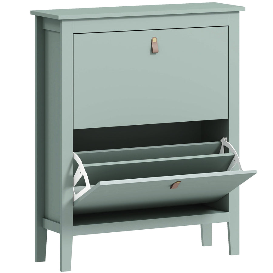 HOMCOM Modern Two-Drawer Shoe Cabinet in green, a tall narrow cabinet with two flip-down drawers and an open shelf below