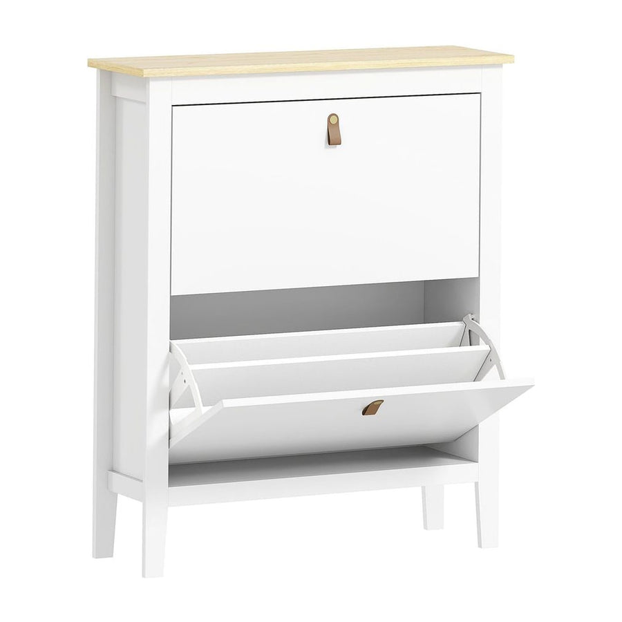 HOMCOM Modern Two-Drawer Shoe Cabinet in white with a light wood top and two flip-down shoe storage compartments