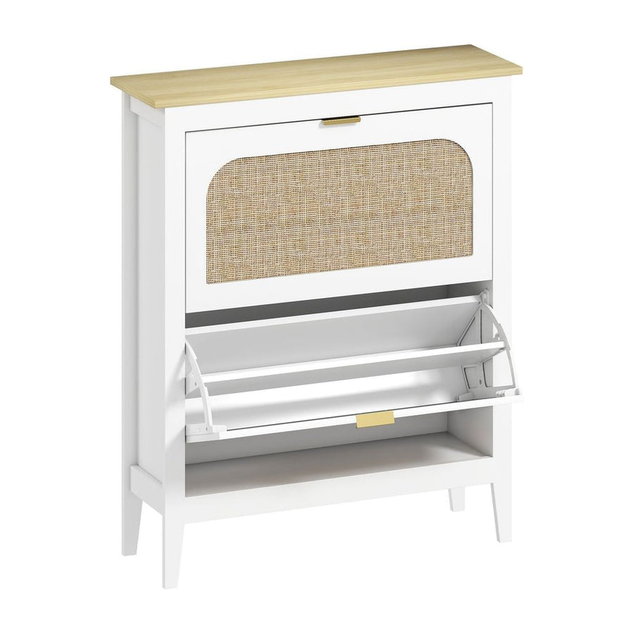 HOMCOM Narrow Shoe Cabinet in white with two flip drawers and a light wood effect top