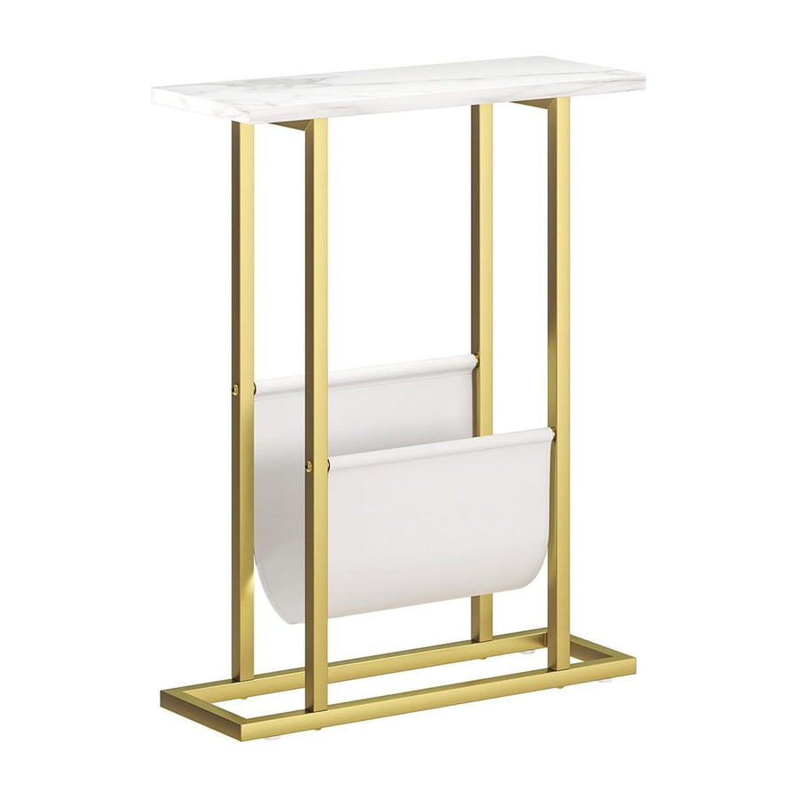 HOMCOM Narrow Side Table, End Table with Magazine Holder, Nightstand for Small Spaces, Living Room, Bedroom, White Marble
