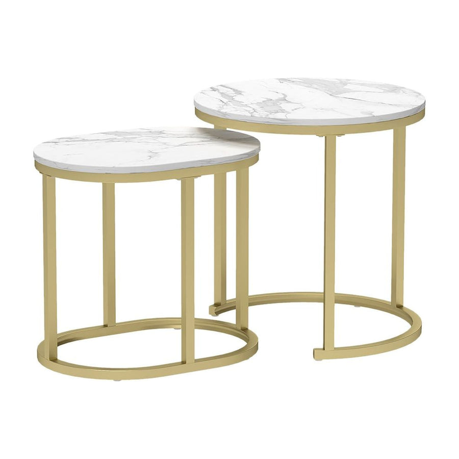 HOMCOM Nest of Tables with Steel Frame and Faux Marble Tabletop, Modern Coffee Table Set of 2, Gold Tone/White