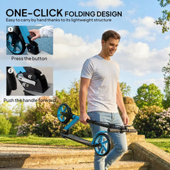 The blue kick scooter being folded using a one-click mechanism, shown in two steps