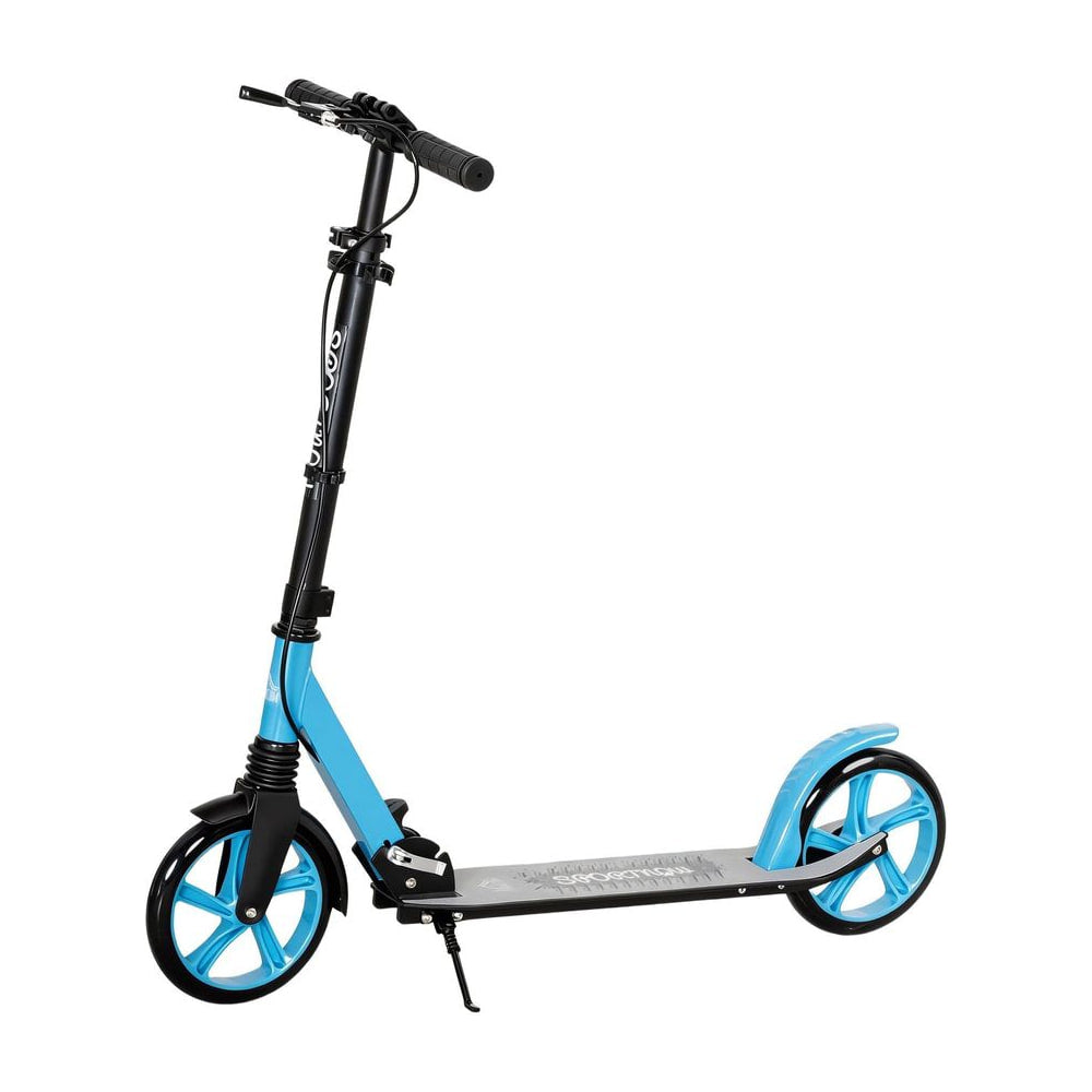 HOMCOM One-click Folding Kick Scooter, a blue scooter with black handlebars and wheels, shown upright with kickstand down