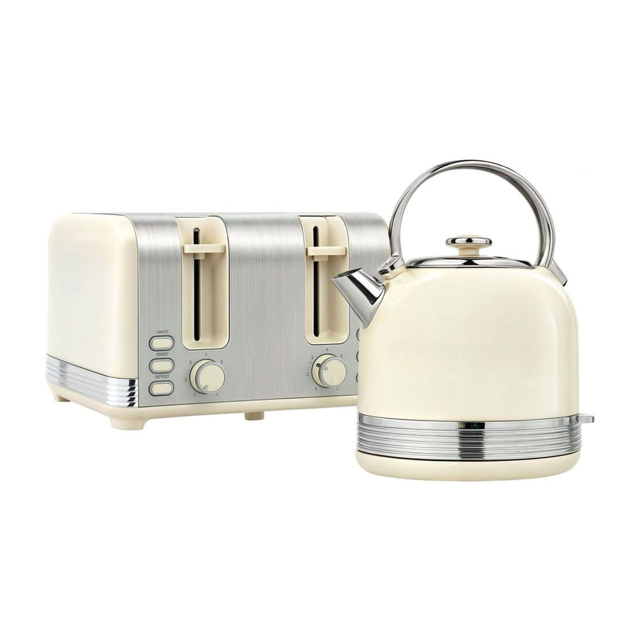 HOMCOM Polished Stainless Steel Kettle and Toaster Set, a cream kettle and a cream toaster with polished stainless steel