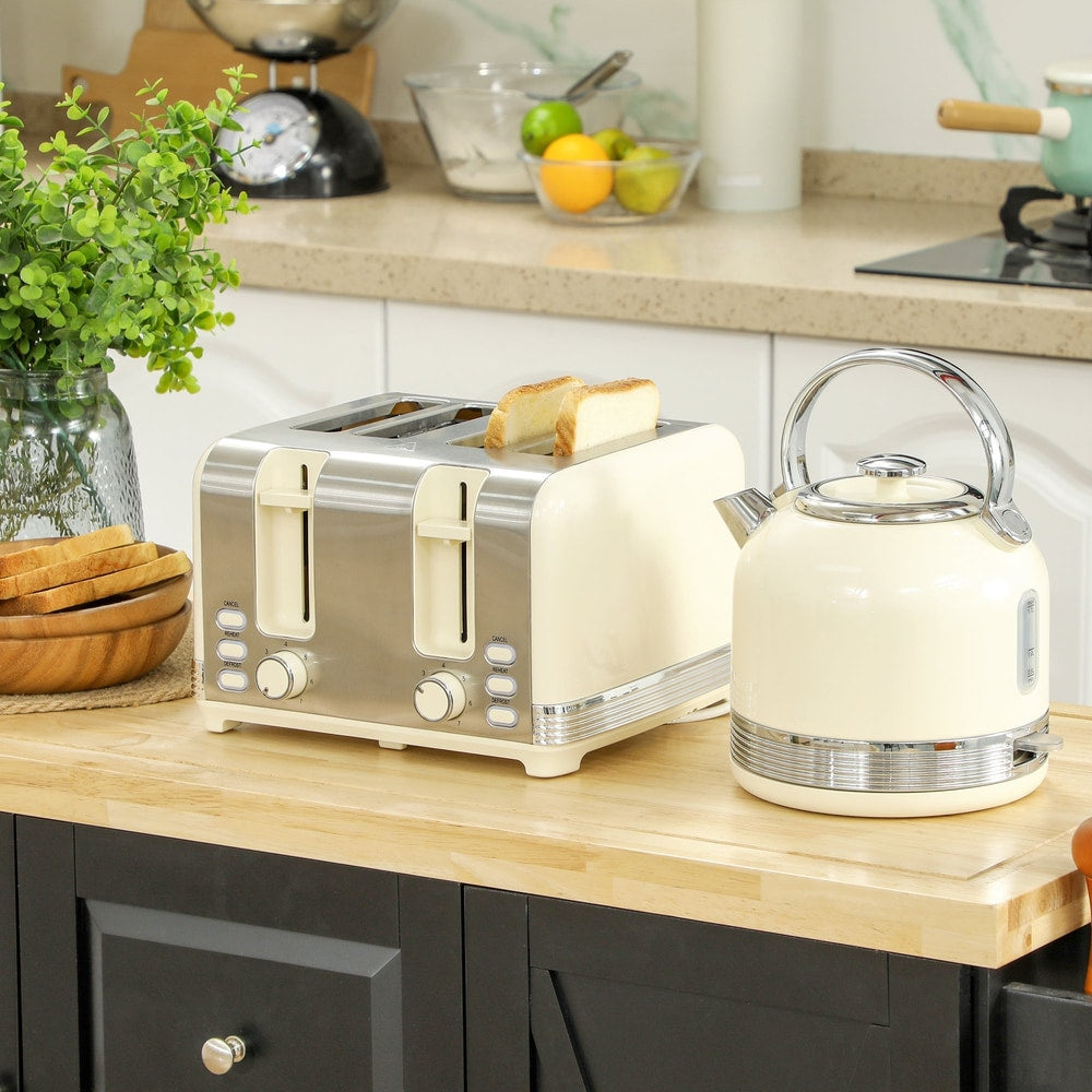 The cream kettle and toaster set on a kitchen counter with some bread and fruit